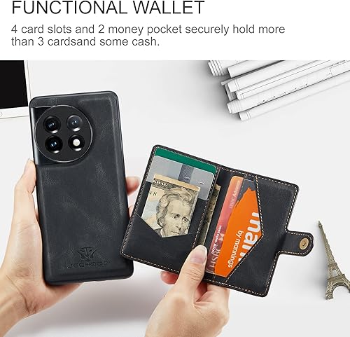 Miniatura 3 de Hongxinyu Funda para OnePlus 11 5G, funda magnética desmontable básica, cartera, tarjeta, ranura para efectivo, función atril compatible con OnePlus
