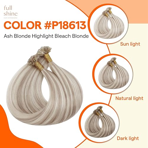 Miniatura 3 de Full Shine - Extensiones de cabello humano con punta en U, con queratina, de 18 pulgadas, preunidas, reflejos rubios ceniza 18 y rubio decolorado