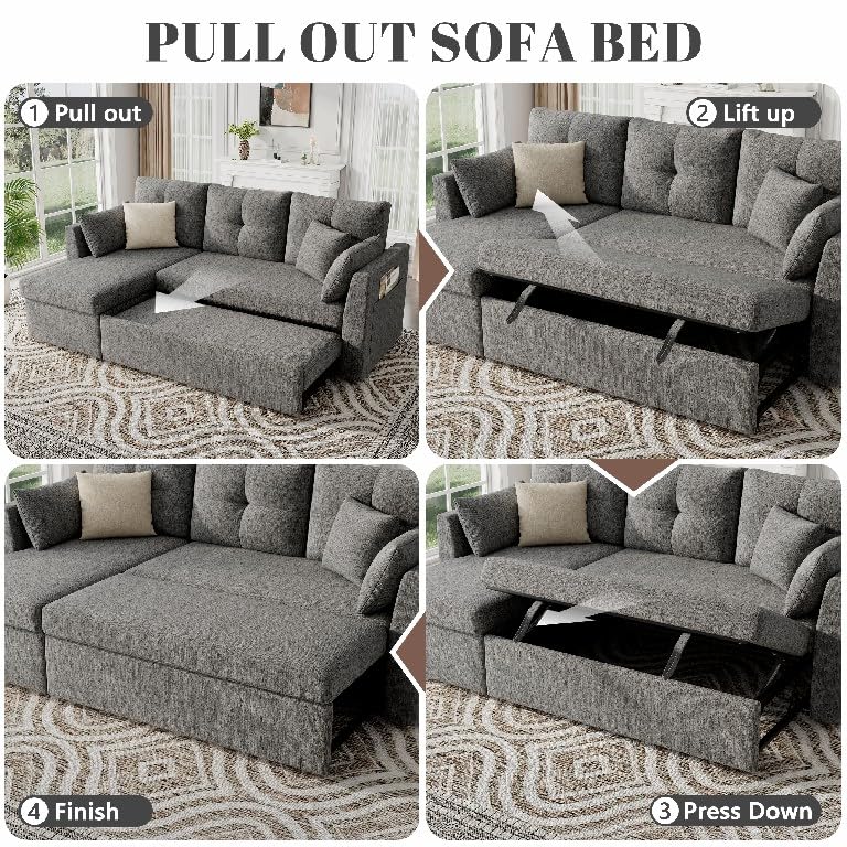 Image of Huatean Home Sleeper Sofa Couch, 2 in 1 Pullout Sofa Bed with Storage Chaise, Sectional Sleeper Couch Bed with Side Pocket for Living Room, Dark Grey