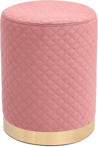 Homebeez Taburete otomano redondo de terciopelo rosa de 13.7 pulgadas de ancho con ribete dorado, taburete acolchado suave y compacto, diseño de