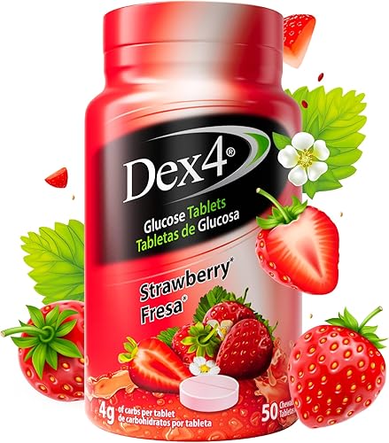 Tabletas de glucosa Dex4, de acción rápida, 4 g de glucosa premedida por tableta, sin grasa ni gluten, sabor fresa, envase de 50 unidades