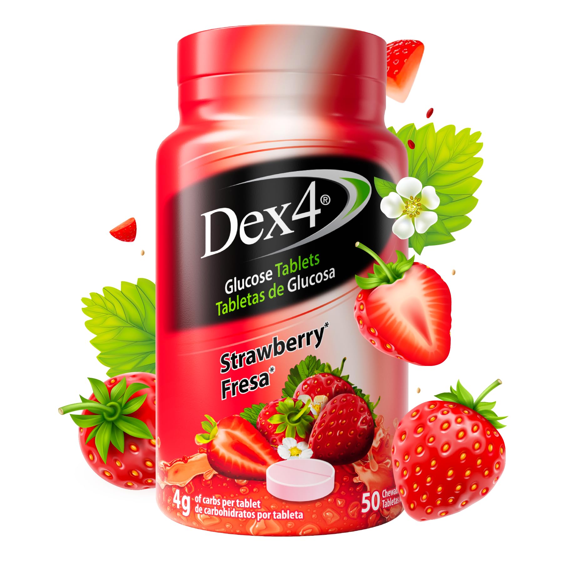 Tabletas de glucosa Dex4, de acción rápida, 4 g de glucosa premedida por tableta, sin grasa ni gluten, sabor fresa, envase de 50 unidades