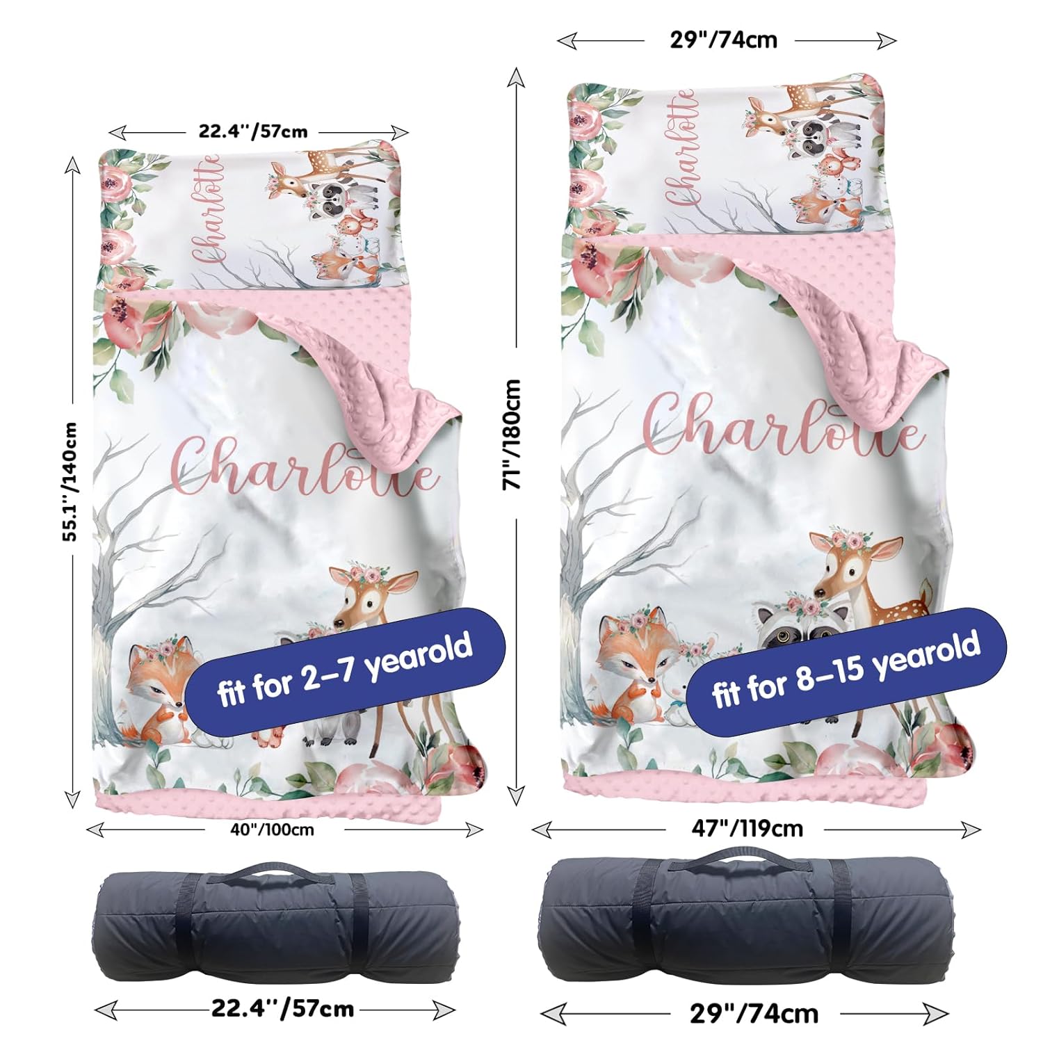 Custom Toddler Nap Mat for Preschool, Personalized Name Kids Sleeping Bag with Animals Parrern for Daycare, Roll Up Sleeping Mat with Removable Pillow and Soft Dot Minky Blanke for Girls Camping