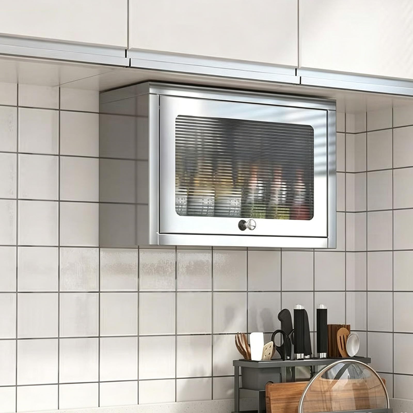 Générique Armoire Murale en Acier Inoxydable avec Porte relevable, Meuble de Rangement Mural pour Cuisine, Organiseur Compact pour ustensiles et épices, pour Garage, Atelier, hôtel ou Cantine