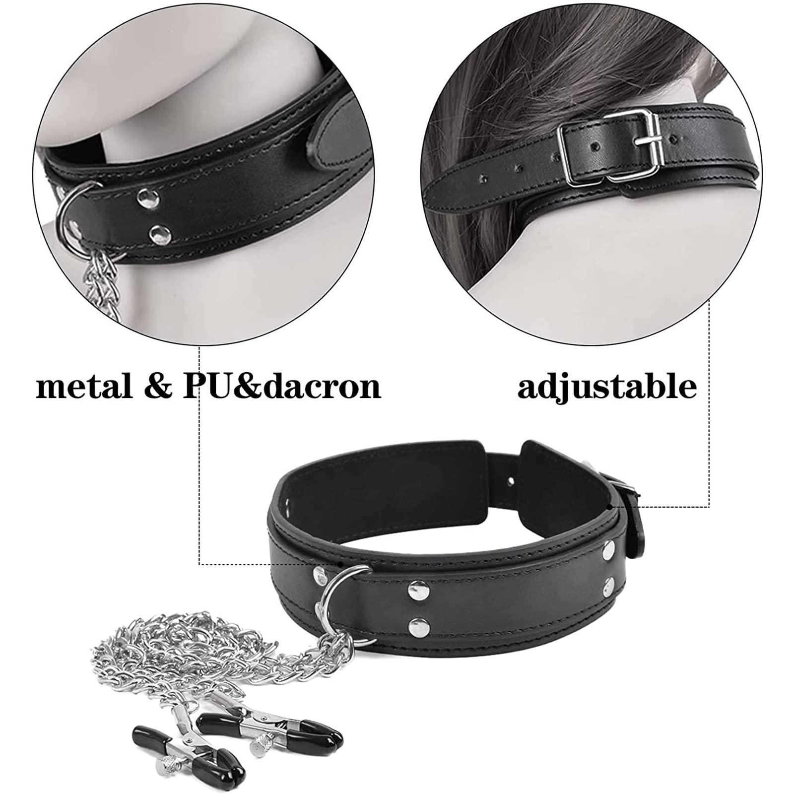 BDSMYEE Pinces à Tétons Réglable Bondage Collier + 4 Métal Pinces à Tétons, Pinces à Seins avec Chaîne Sextoys Adultes pour Femmes Hommes Couples