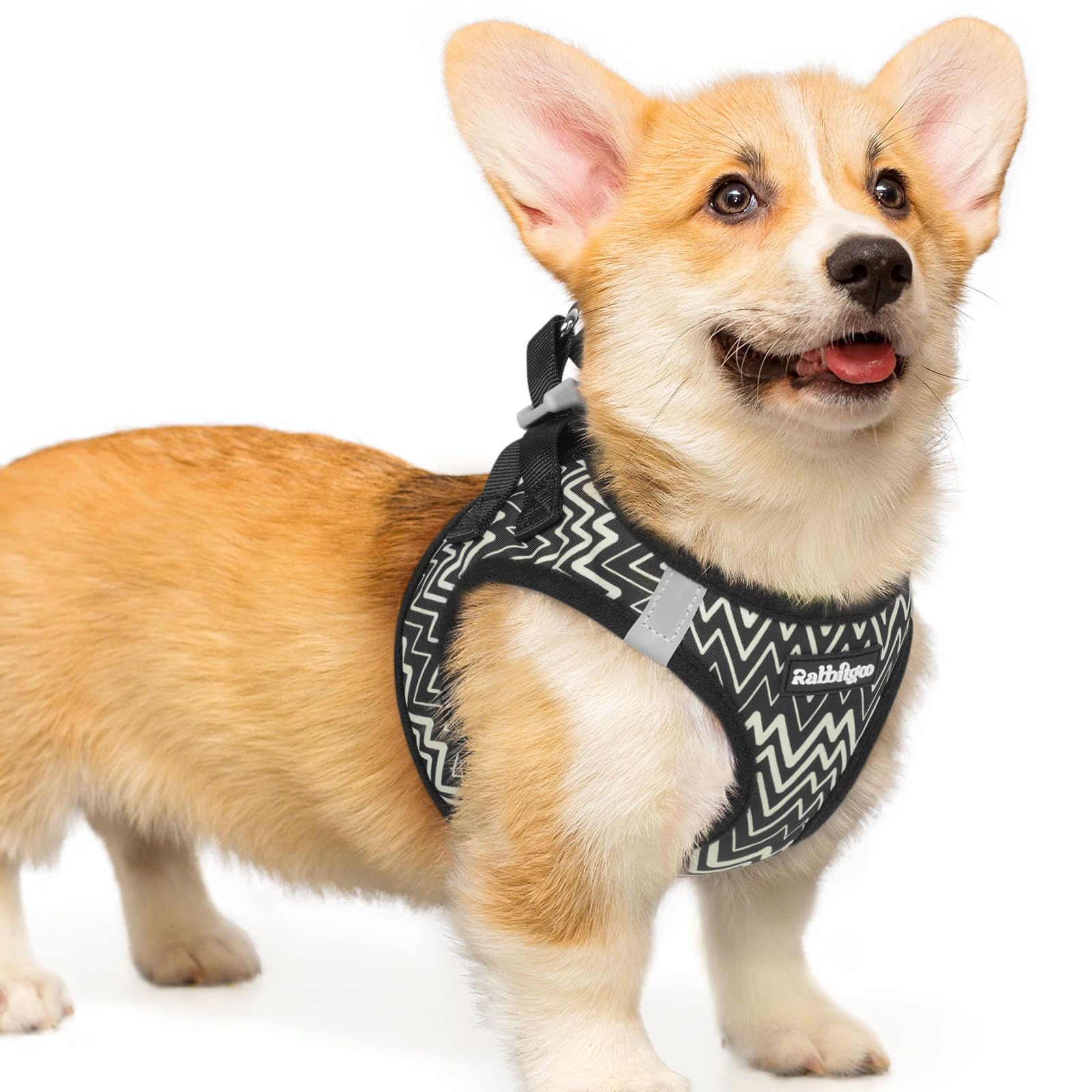 rabbitgoo Dog Harness Small Dog, Step-in Soft Mesh Puppy Harness with Reflective Strips, Lightweight Breathable Pet Vest for Walking Training, Black Zigzag, L
