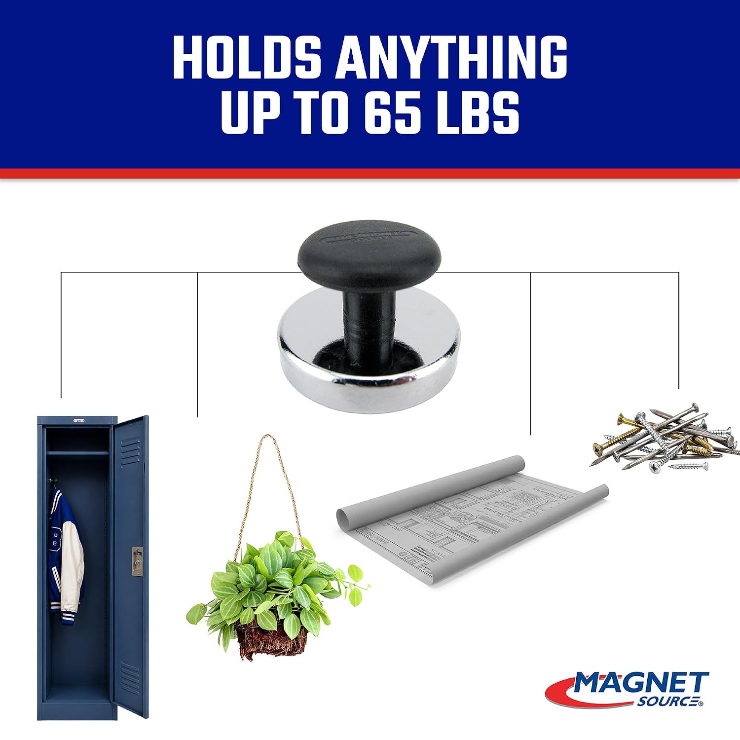 Master Magnetics HMKR-70X2 Round Base Magnet Fastener with Knob,Chrome,2.63"" Diameter, 1.33"" Total Height with 1.75"" Diameter Knob/65 Pounds,(Box of 2), Silver and Black