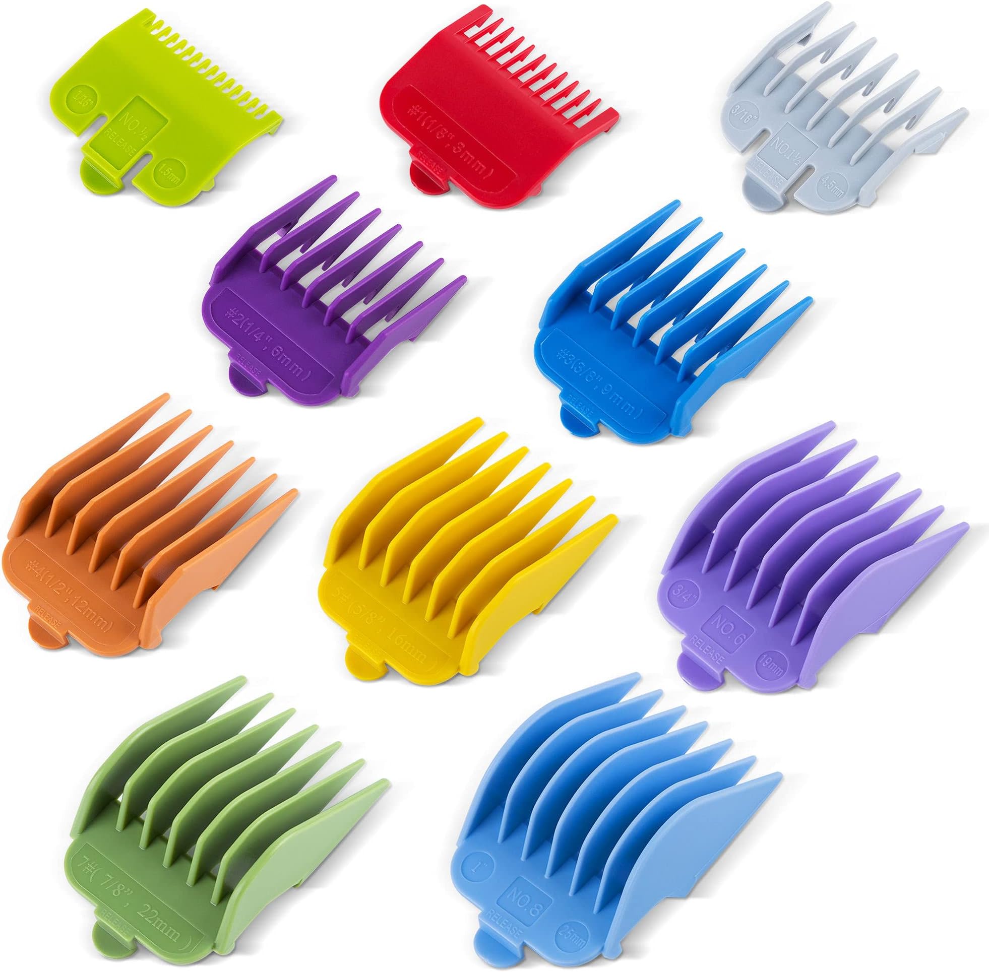 BESTBOMG 10 Color Professional Hair Clipper Guide Combs, Replacement Guards Set, Attachment Guide Combs, Great Fits for Many Clippers/Trimmers
