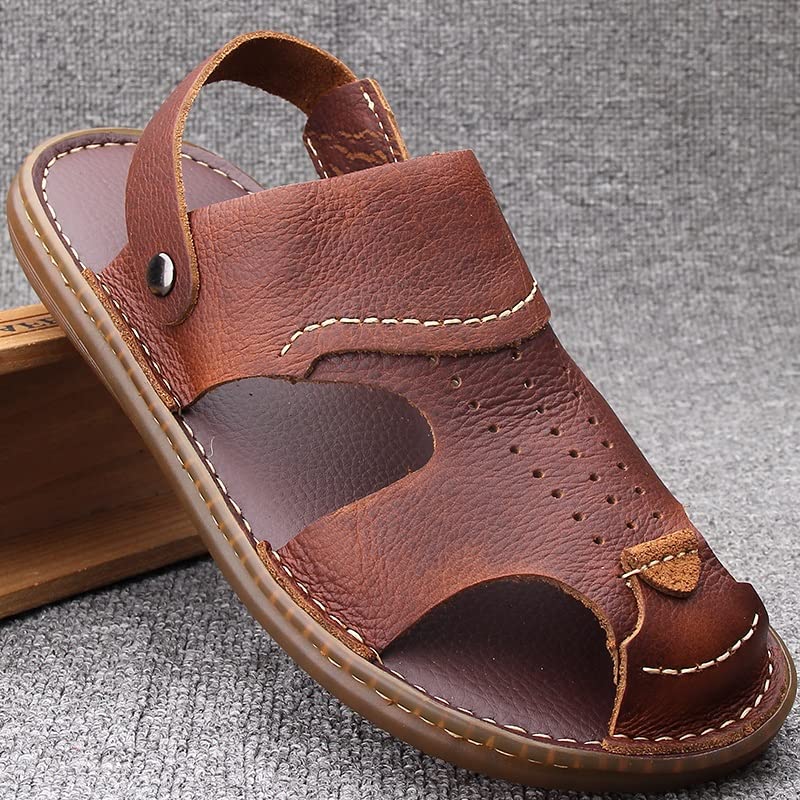 Men Sandals Classic Comfortable Man Shoes Beach Slippers Male Cow Leather Casual Shoes(White-Patch Five-Pointed star4,38 Code)4