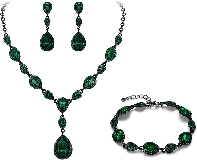 Clearine Gemstone Diamante Teardrop Wedding Bridal Costume Statement Y-Necklace Dangle Pierced Earrings Tennis Bracelet Set for Women