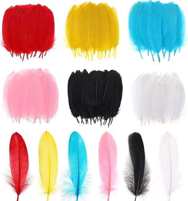 MWOOT 180Pcs Crafts Art Coloured Feathers, 6 Colors Goose Feathers (15-20cm) for DIY Earrings Jewelry Dreamcatcher Hat Home Wedding Baby Shower Decorations White Black Red Yellow Pink Blue
