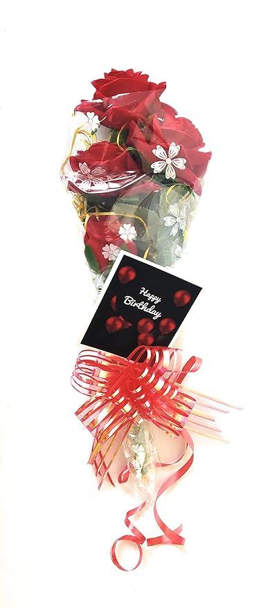 Artificial Rose Flower Bunch of 4 Roses And 1 Bud In A Printed Transparent Wrapping Sheet Tied With Bow With Best Wishes For Birthday Artificial Flora (Pack of 1)