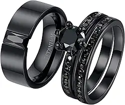 Anéis de casamento para ele e para ela anéis de casal preto CZ conjunto de alianças de casamento masculinas de aço titânio