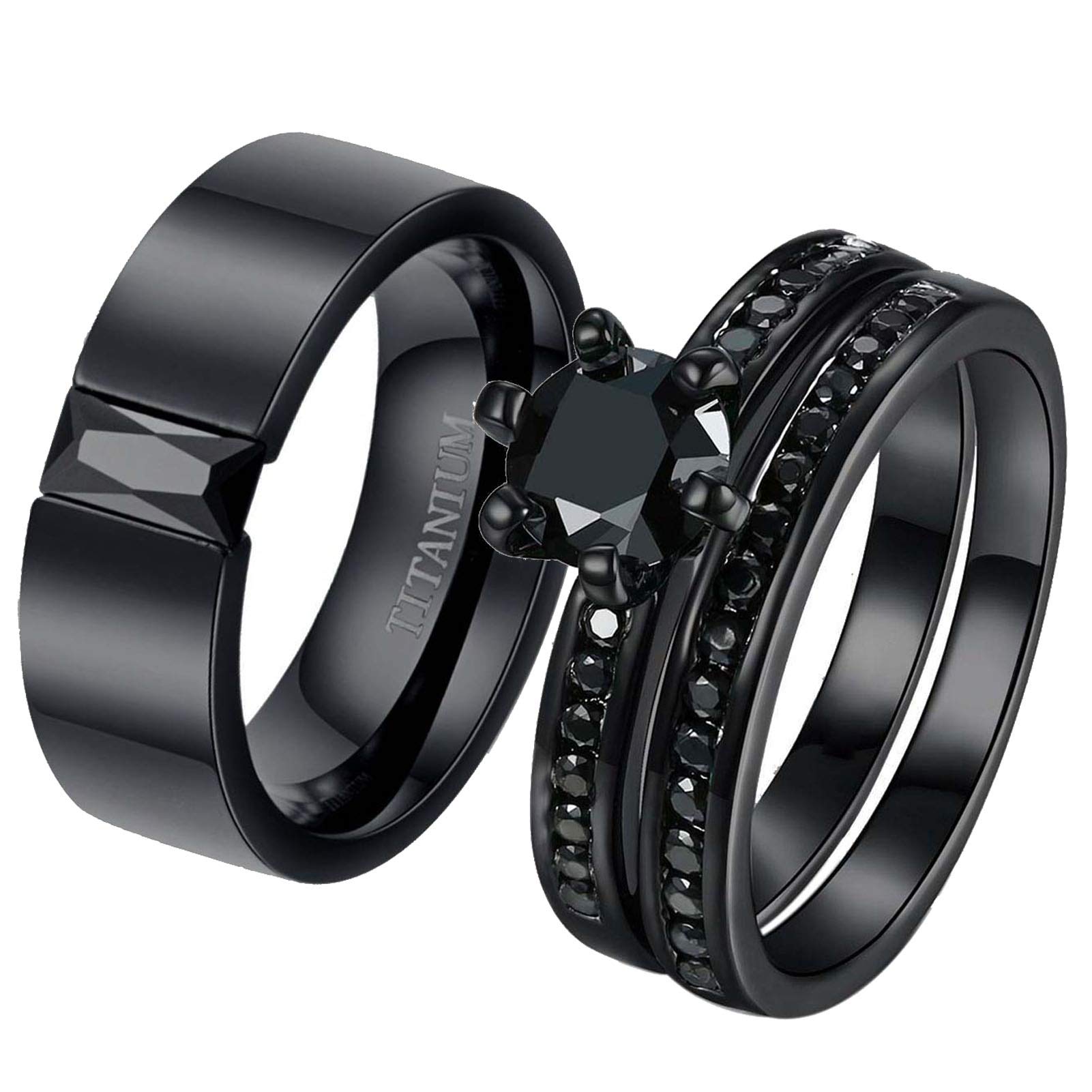 ringheart2 Rings His and Hers Couple Rings Black Cz Rings Womens Wedding Ring Sets Titanium Steel Mens Wedding Bands