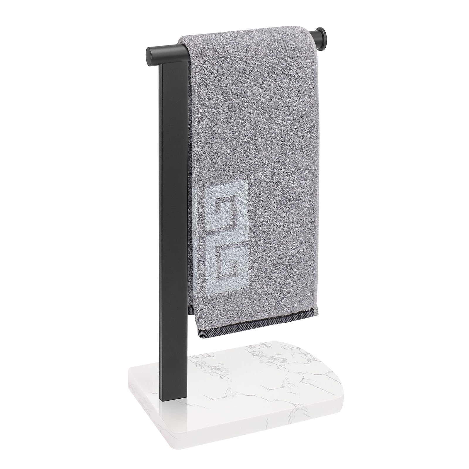 NearMoon Hand Towel Holder with Balanced Marble Base, 304 Stainless Steel Stand Towel Ring L Shape Hand Towel Rack Free-Standing Towel Bar for Bathroom Kitchen Countertop (Single Rod, Matte Black)