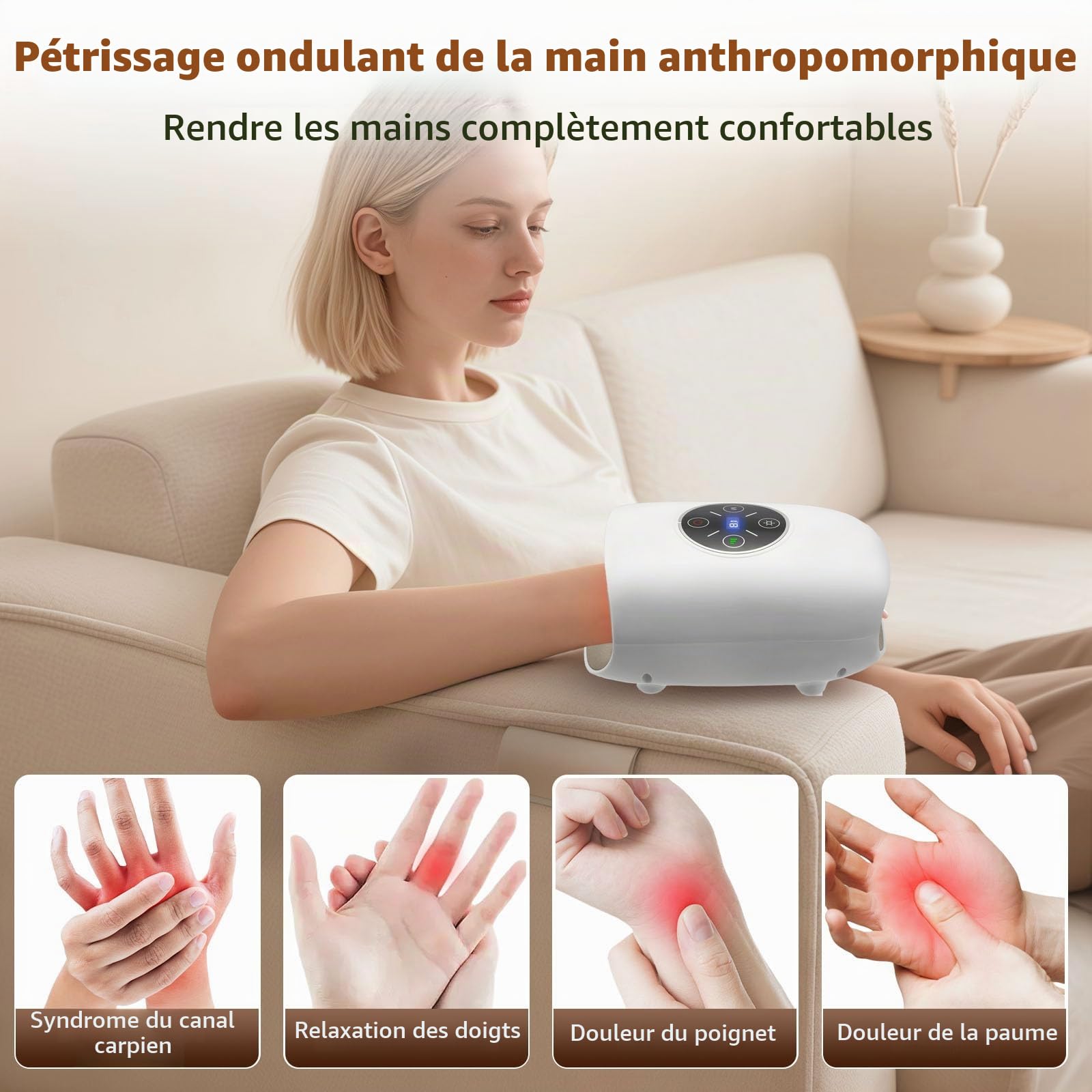 Appareil de massage manuel électrique avec 3 modes et fonction de chaleur à 2 niveaux, massage à air comprimé à 5 niveaux, écran tactile, portable pour les mains