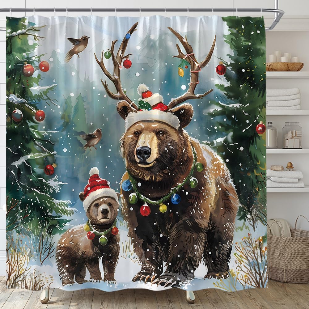 Christmas Bear Shower Curtain Winter Pine Tree Forest Xmas Ball Funny Antler Cap Snowy Scene Rustic Holiday Bathroom Curtain Set with Hooks(91" Wx70 H)