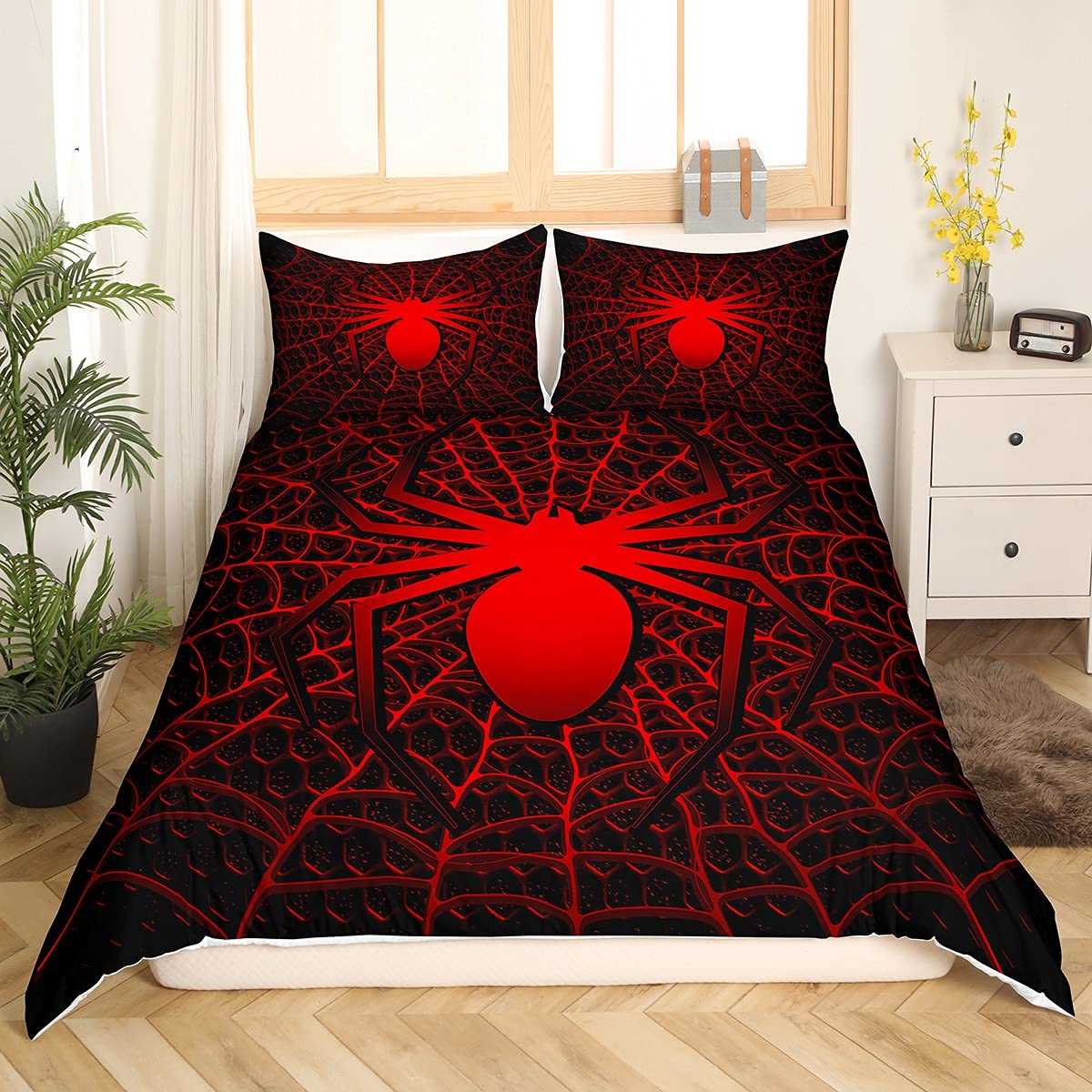 Loussiesd Juego de ropa de cama de araña para niños y niños 3D Scary Spider Web Ropa de cama y lino Red Wildlife Funda de edredón Spider Animal Ropa de cama y lino Super King 3 piezas