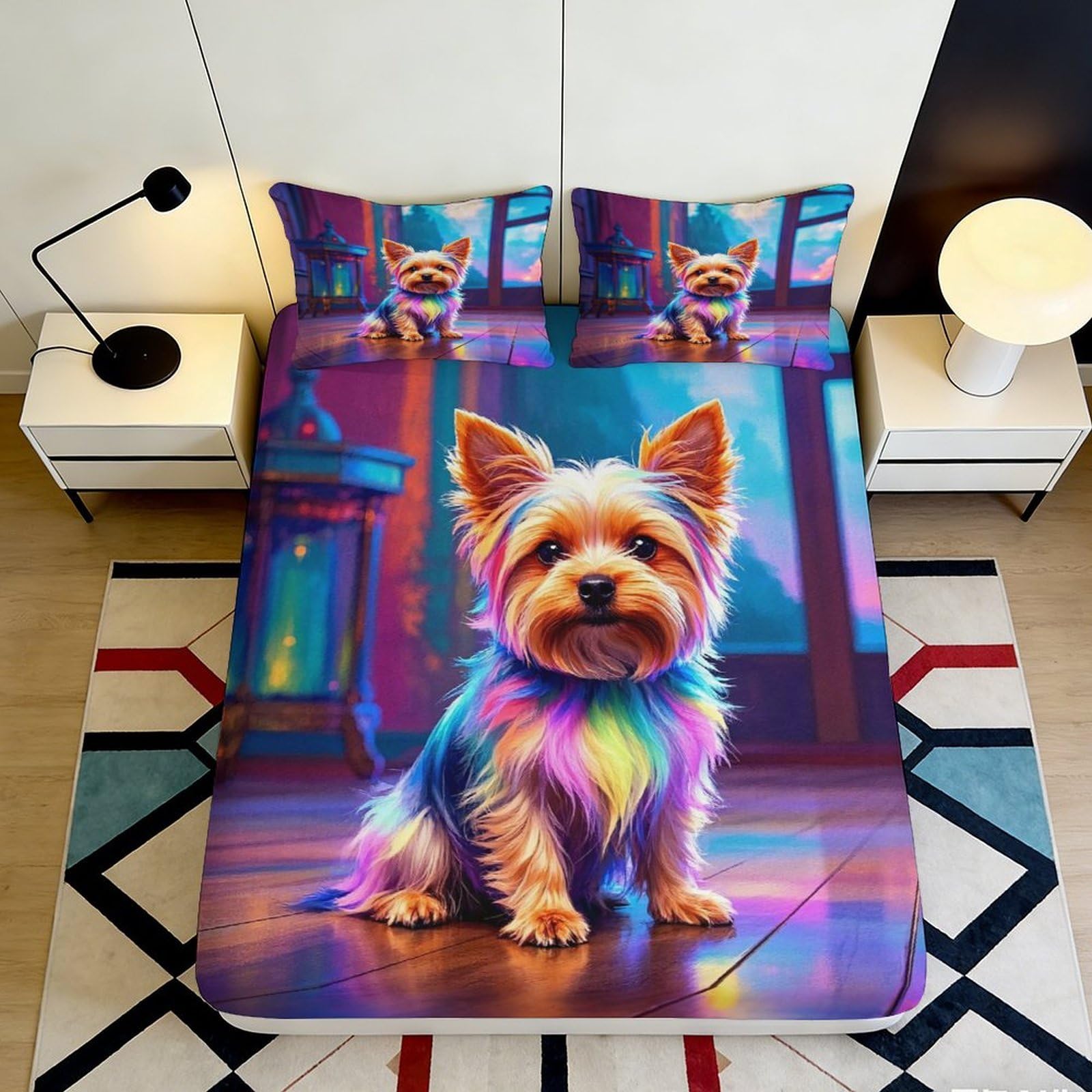 3D Printed Colorful Dog Fitted Sheet, Microfiber Soft Touch, Non-Slip, Wrinkle Resistant, Home Decor, Apartment Bedding, Bedroom Bed Cover, Easy Care, Dustproof, 117 90x200x25cm