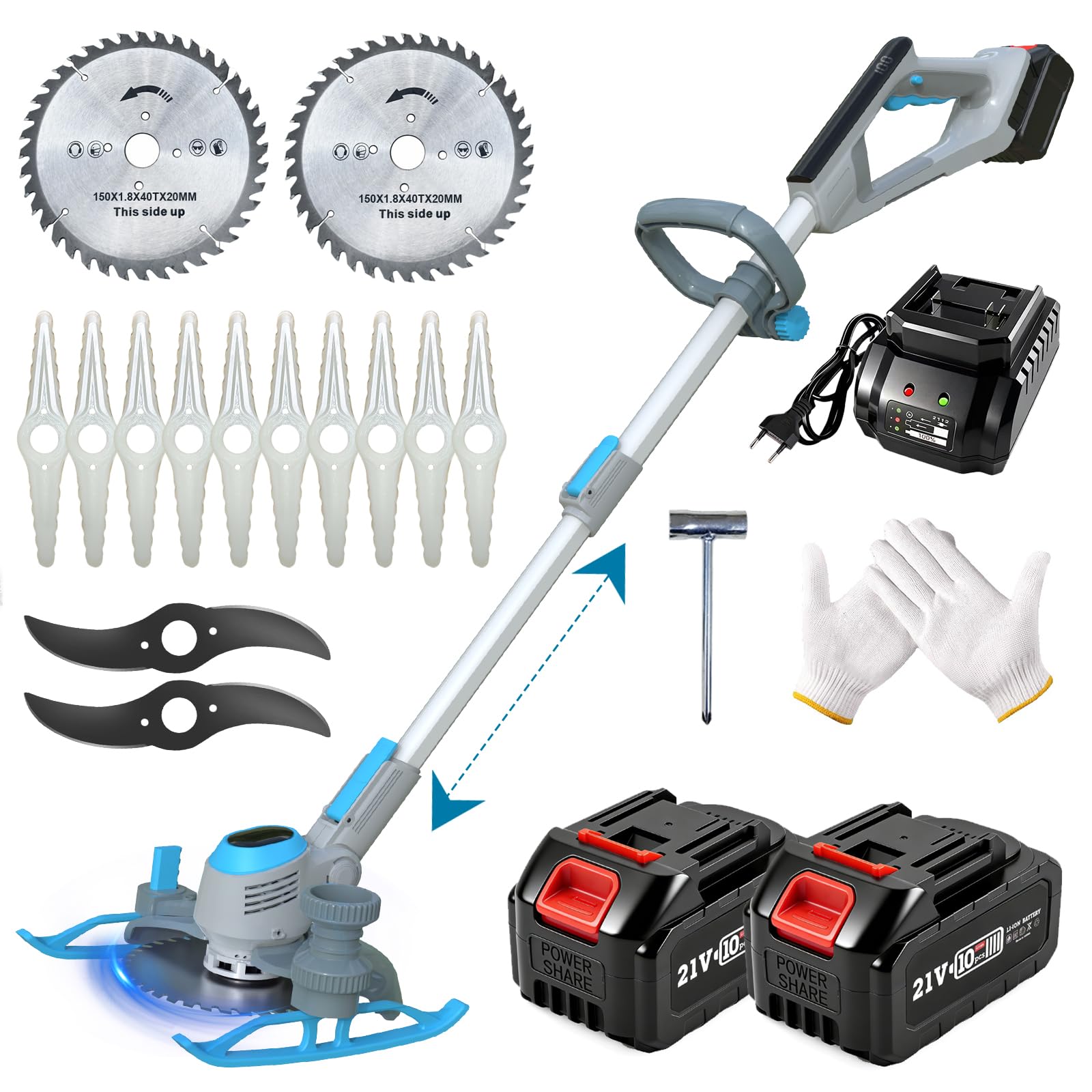 21V Battery Brushcutter, Electric Brushcutter, Battery Trimmer with 2 Batteries and 3 Types of Blades, Telescopic 90° Pivoting Head for Lawn Garden Pruning, Grey