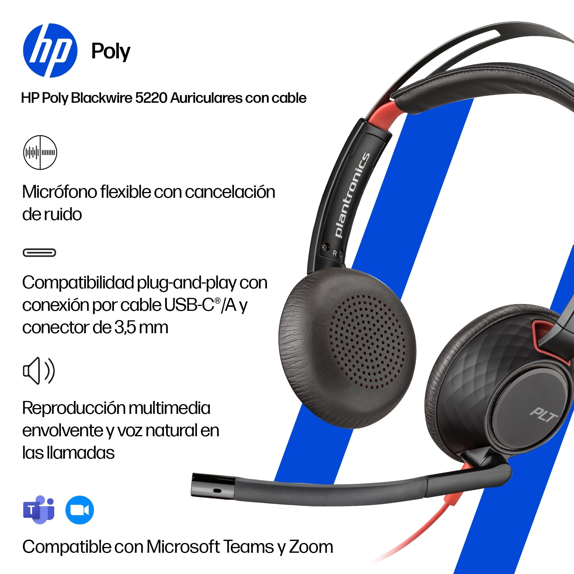 Auricular Poly Blackwire 5220 con cable - Micrófono de brazo flexible con cancelación de ruido - Diseño ergonómico - Conexión a PC/Mac o teléfono móvil mediante USB-C, USB-A o conector de 3,5 mm