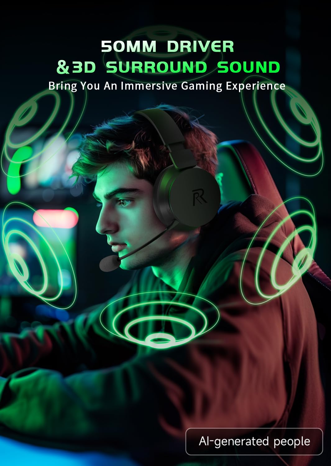 RYR Cuffie da gioco wireless per Xbox Series X|S, Xbox One, PS5, PS4, Switch, Mac, Bluetooth 5.3, suono surround 3D, paraorecchie girevoli, cuffie da gioco con microfoni a cancellazione del rumore
