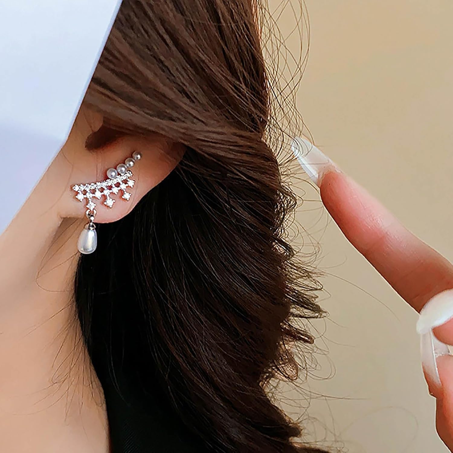 W WEILIRIAN Boho Crystal Star Climber Earrings Teardrop Pearl Dangle Earrings Pearl Bar Earrings Pearl Ear Crawler Earrings Rhinestone Bar Earrings Jewelry for Women - Image 2