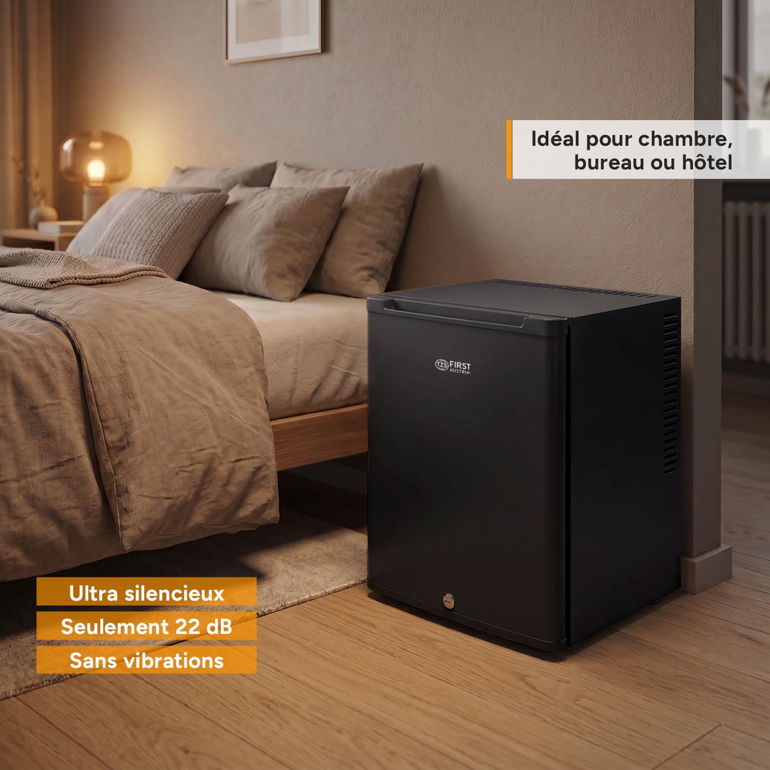 TZS First Austria Mini réfrigérateur 40L silencieux - Petit mini-frigo porte réversible lumière intérieure - Minibar camping bureau chambre hôtel Noir mat