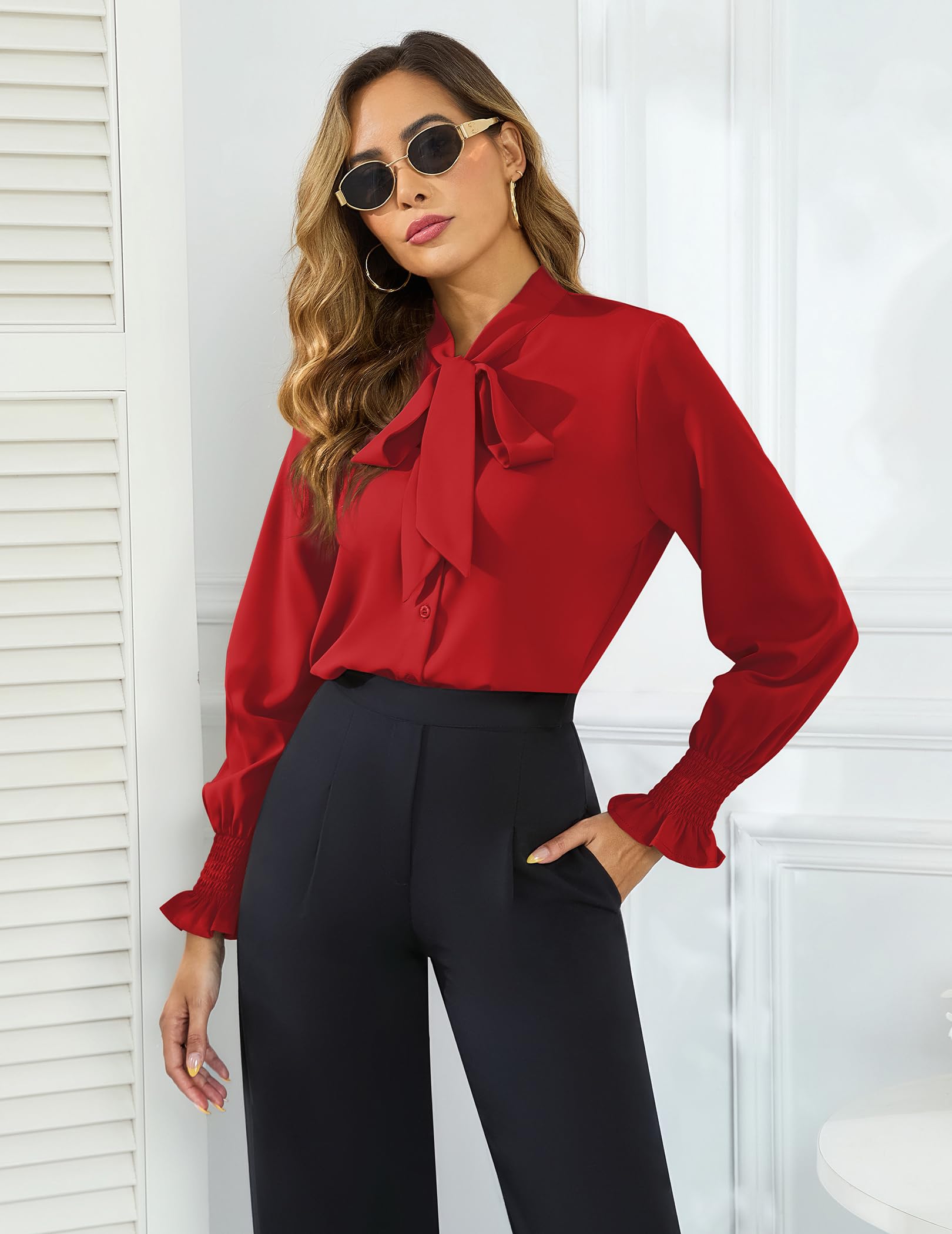 Camicia da donna con bottoni, scollo a V, maniche lunghe, elegante, con fiocco, per lavoro, casual, 2026