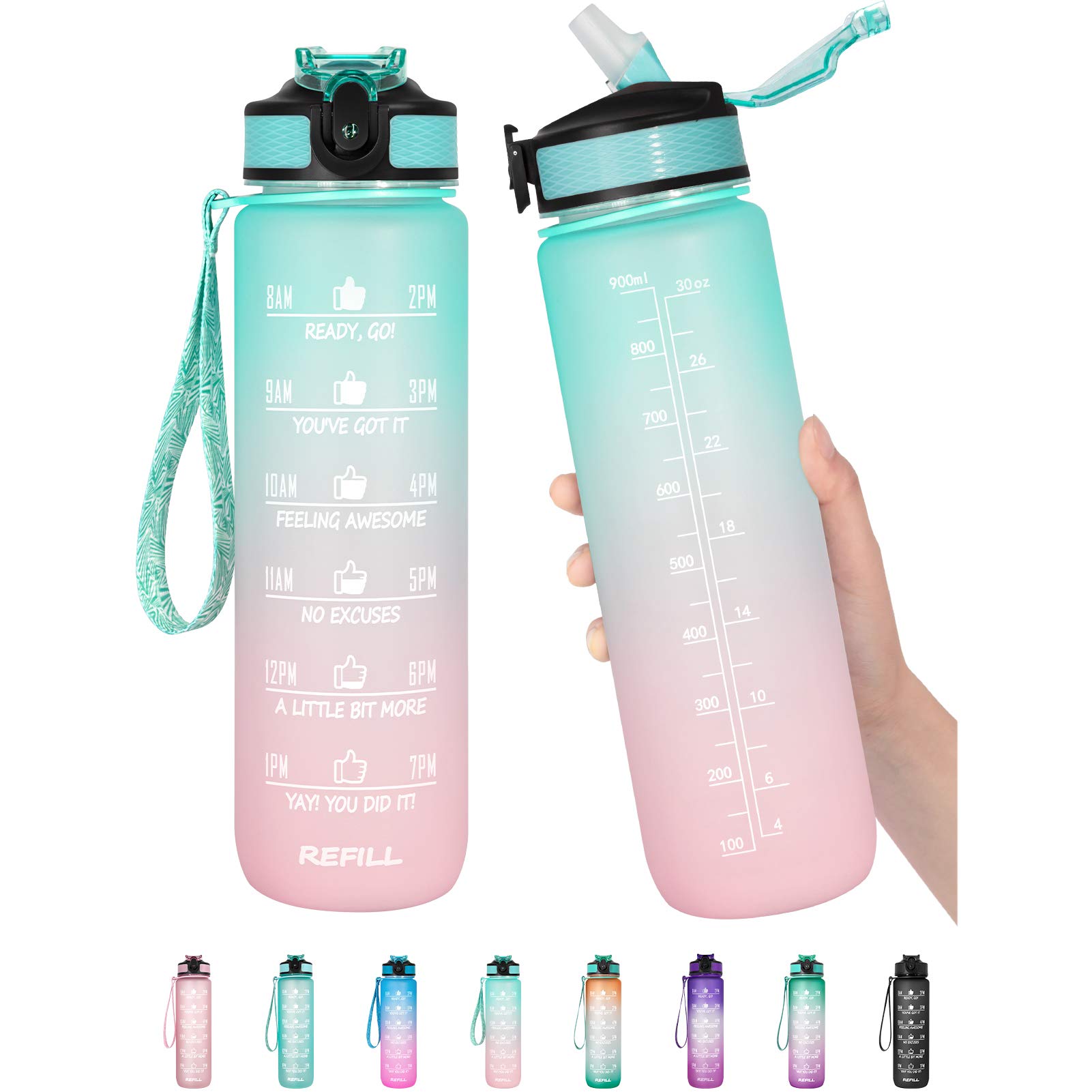Fimibuke 32 Oz Motivational Water Bottle With Time Marker & Straw - Bpa Free & Leakproof Tritian Frosted Portable Reusable Fitness Sport 1L Formen Women Kids Student - Silicone, Multicolor