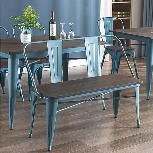 Miniatura 2 de YOLENY Banco de comedor, banco de entrada con respaldo, banco de comedor de metal de granja, banco industrial de mediados de siglo para 3 personas,