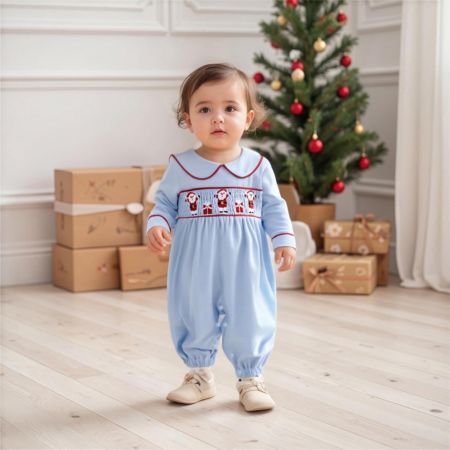 Newborn Baby Boy Girl Christmas Outfit Santa Smocked Romper Peter Pan Collar Long Sleeve Corduroy Jumpsuit Clothes - Image 2
