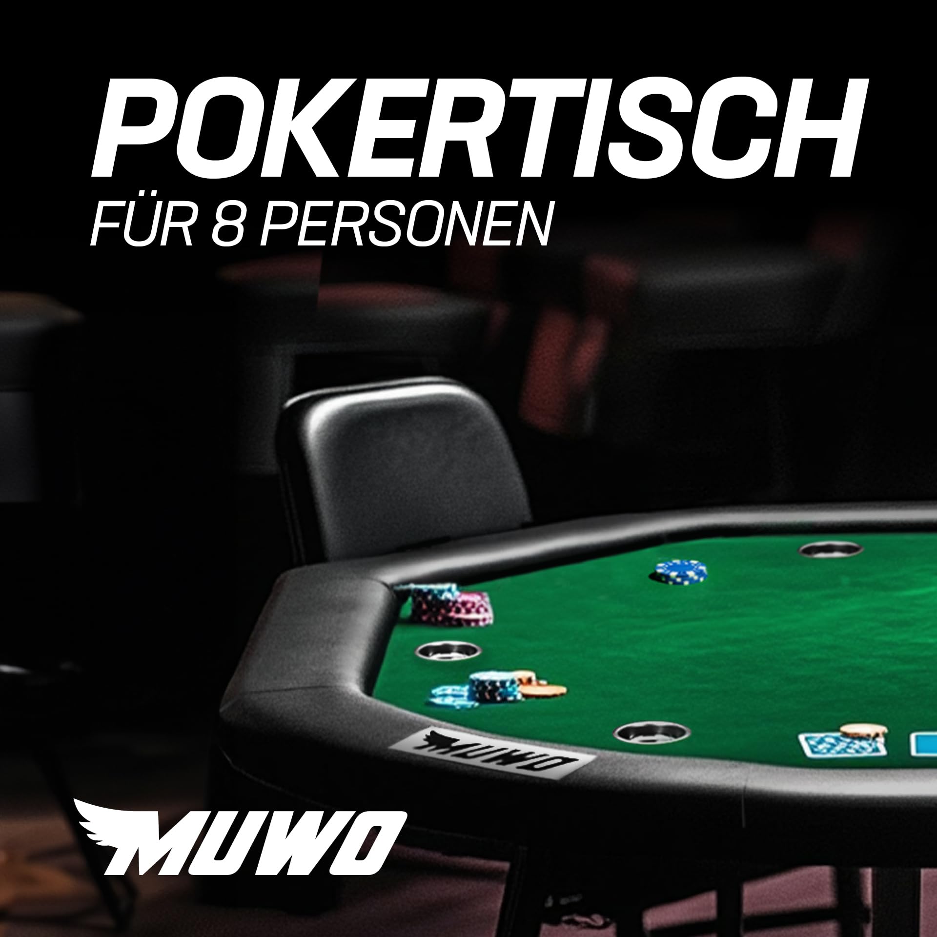 MUWO klappbarer Pokertisch für 8 Spieler – Achteckiger Spieltisch mit Filzbezug, Getränkehaltern und gepolsterter Armlehne – Robustes Stahlgestell, platzsparend lagerbar (Grün)