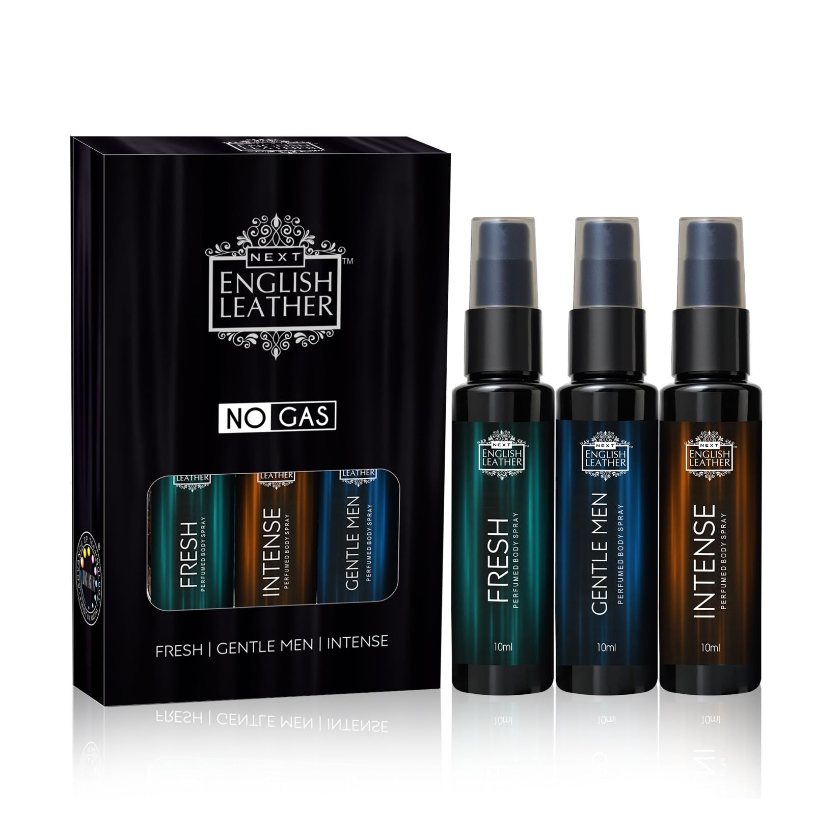 Next Care English Leather Collection | Fresh, Intense & Gentlemen Trio Pack | No Gas Deo, Long Lasting Body Deodorants Spray For Men & Women, Pack Of 3 (10Ml Each)