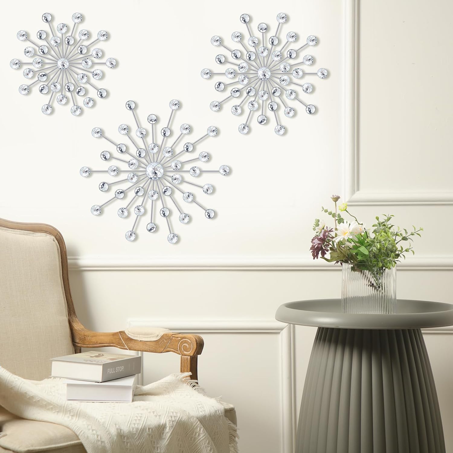 Barydat 6 Pcs Metal Starburst Wall Decor Bling Crystal Wall Art Rhinestone Sunburst Home Decoration No Punch Starburst Hanging Diamond Accents for Living Room Bedroom(25cm, 20cm, 15cm,Silver)