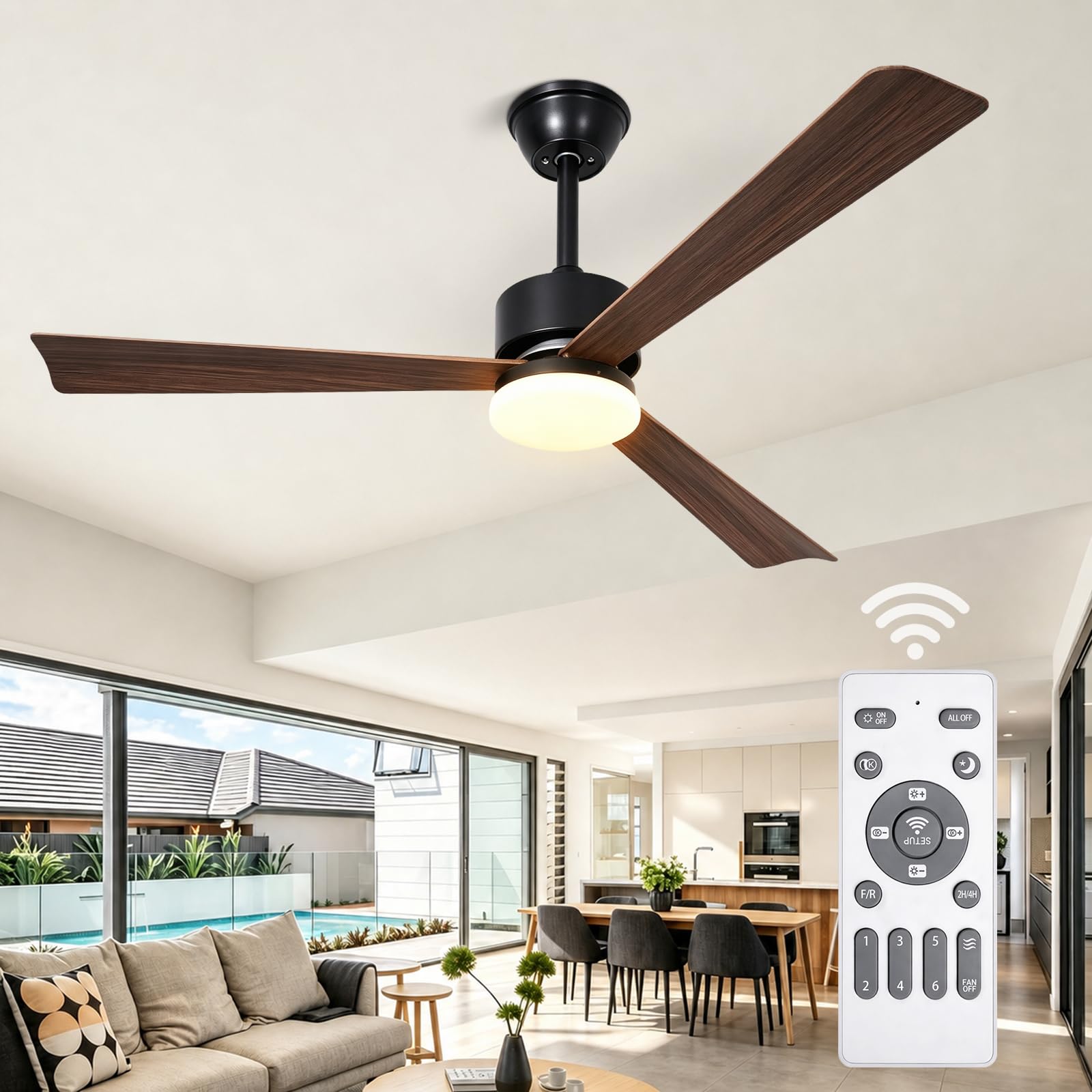 Glitzerlife LED Deckenventilator mit Beleuchtung und Fernbedienung | 22W Deckenventilatorn leise 131cm Ventilator mit Licht Dimmbar 6 Gang Timer Deckenlampe Ventilator Schlafzimmer Wohnzimmer