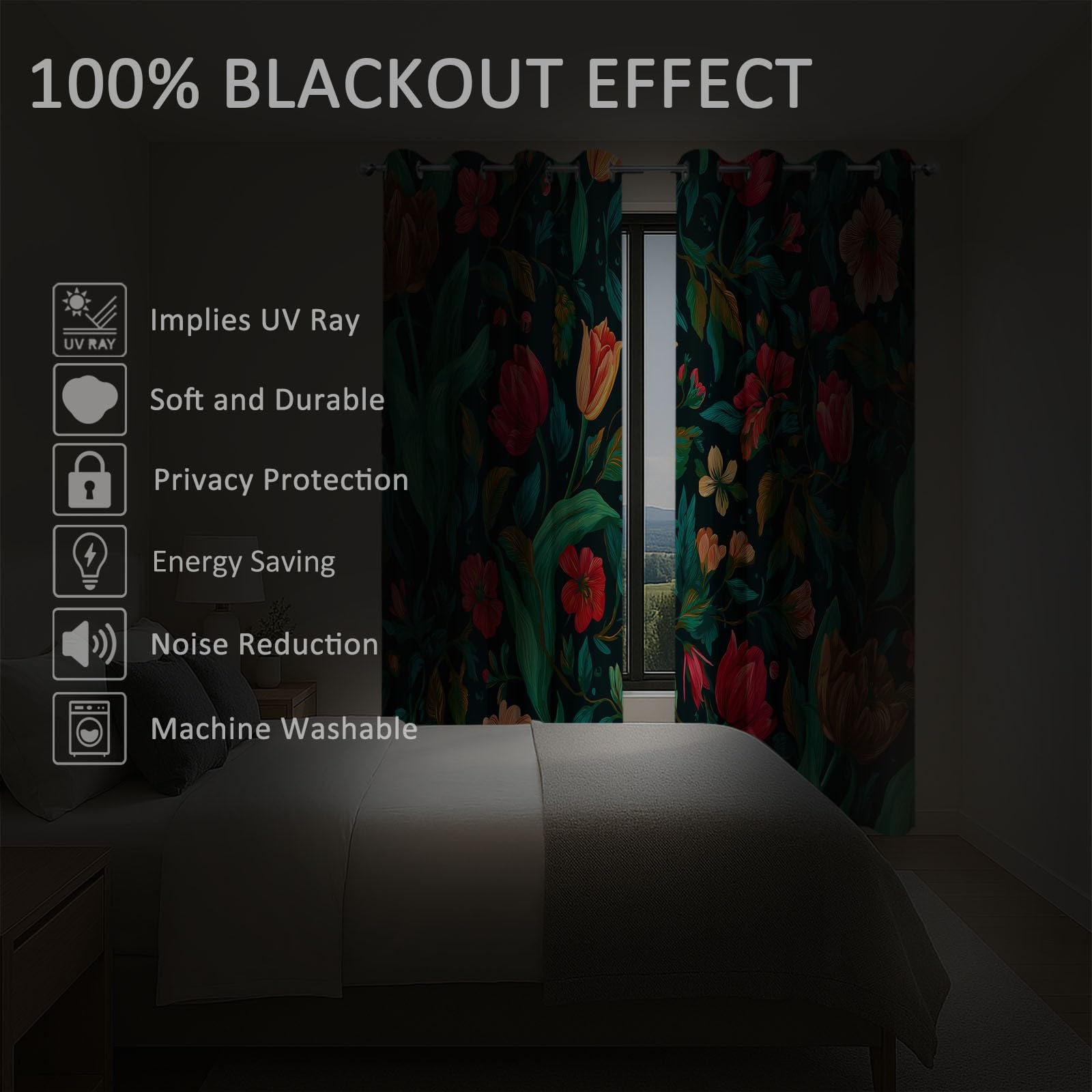 Generisch Verdunklungsvorhänge Blumen Blätter Kinderzimmer Vorhänge Blickdicht, Dunkelgrün Thermovorhang mit Ösen, für Schlafzimmer Fenster & Balkon Natur Dekoration - 110 x 215 cm (2er Set)