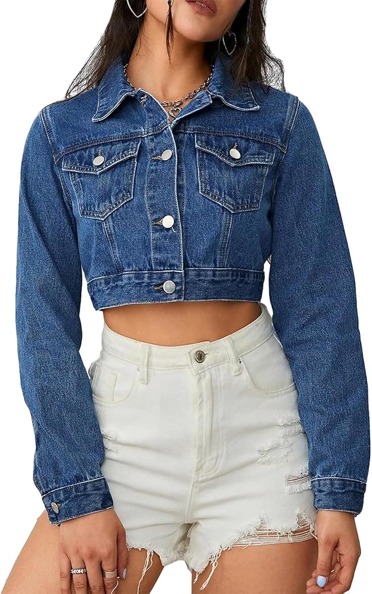 Women's Cropped Denim Jacket Long Sleeve Button Casual Jean Coat