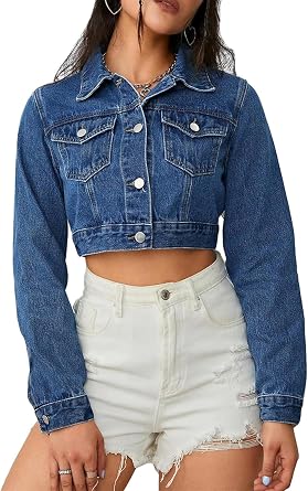 Womens Cropped Denim Jacket Long Sleeve Button Casual Jean Coat