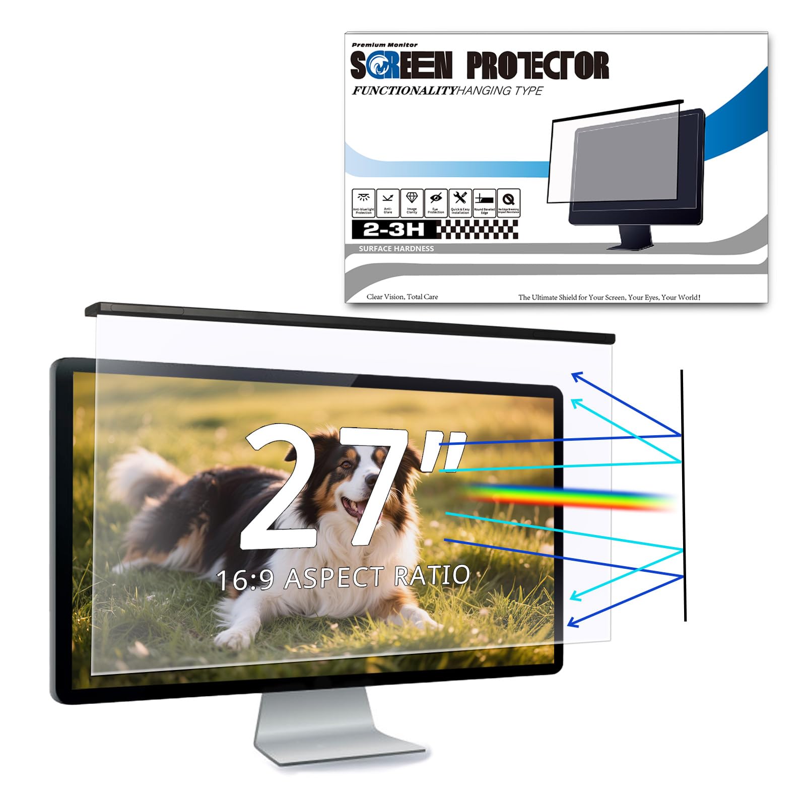Filtre d'Écran Anti-Lumière Bleue 27 Pouces pour Moniteur 16:9 – Protection Anti-UV, Anti-Reflet, Anti-Éblouissement (61,3 x 37 cm)