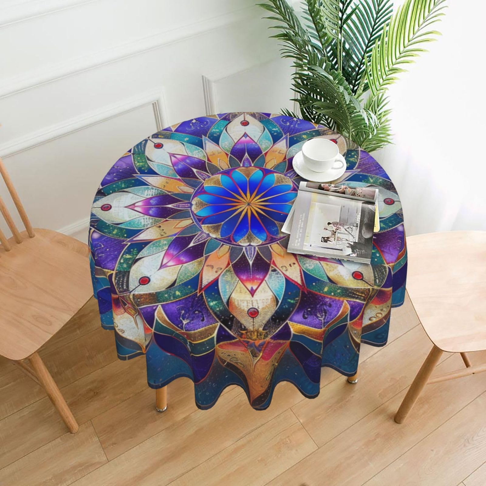 AUBKFELD 60 Inches Round Tablecloth with Rectangle Mandala Printed, Holiday Table Cover Fabric Table Cloth Decorative for Picnic Kitchen Dining Party