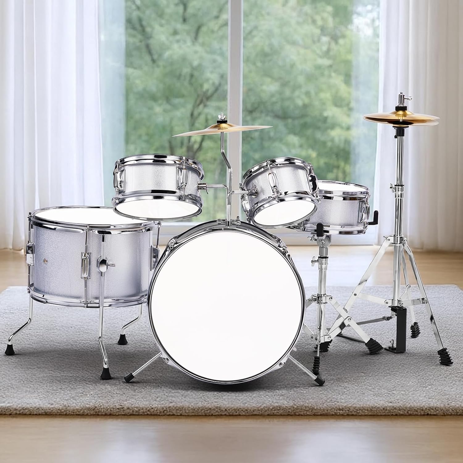3-Piece Drum Set for Kids, 14-Inch Kids Beginner Junior Drum Set with Cymbals, Pedal, Stool, Screw Wrench,Two Pairs of Drumsticks – Silver