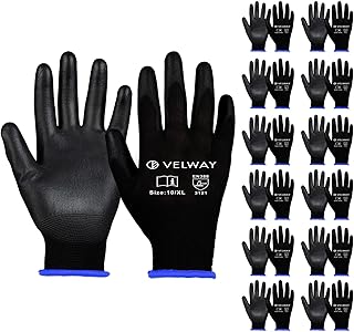 Velway 12 pares luvas de trabalho - luvas de proteção para homem tamanho 7 de alta resistência - revestimento de poliéster PU - versátil proteção mecânica industrial jardinagem pintura