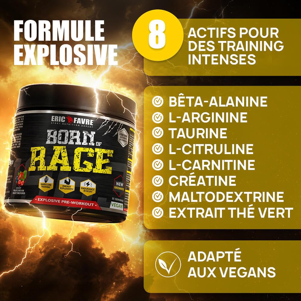 PRE- WORKOUT Born Of Rage - Polvere esplosiva vegana - Miglioramento muscolatura - Energia e resistenza - Anti fatica per allenamenti intensivi - Lotto di 2 x250 g - Laboratorio francese Eric Favre