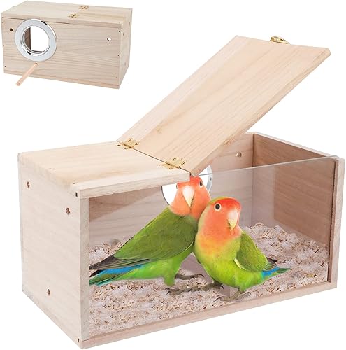 GINDOOR Caja de anidación de periquito transparente para pájaros, caja de cría de madera natural para loros, periquitos, cacatúas, amantes, budgie