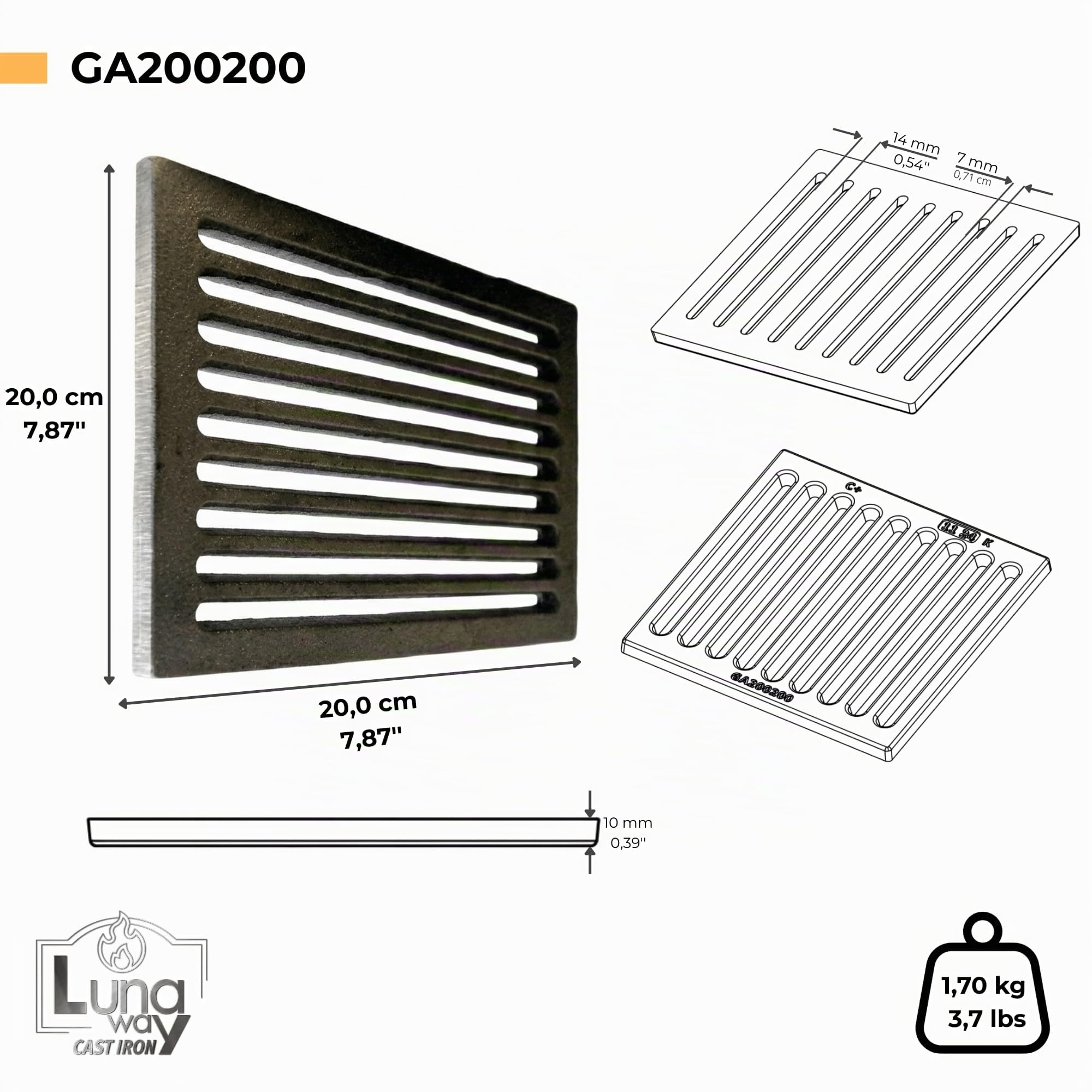 Rejilla para cenizas de hierro fundido | Optimiza el tiro de la chimenea y la estufa | Resistente a altas temperaturas | Fácil limpieza, Hierro fundido, 20 x 20 cm
