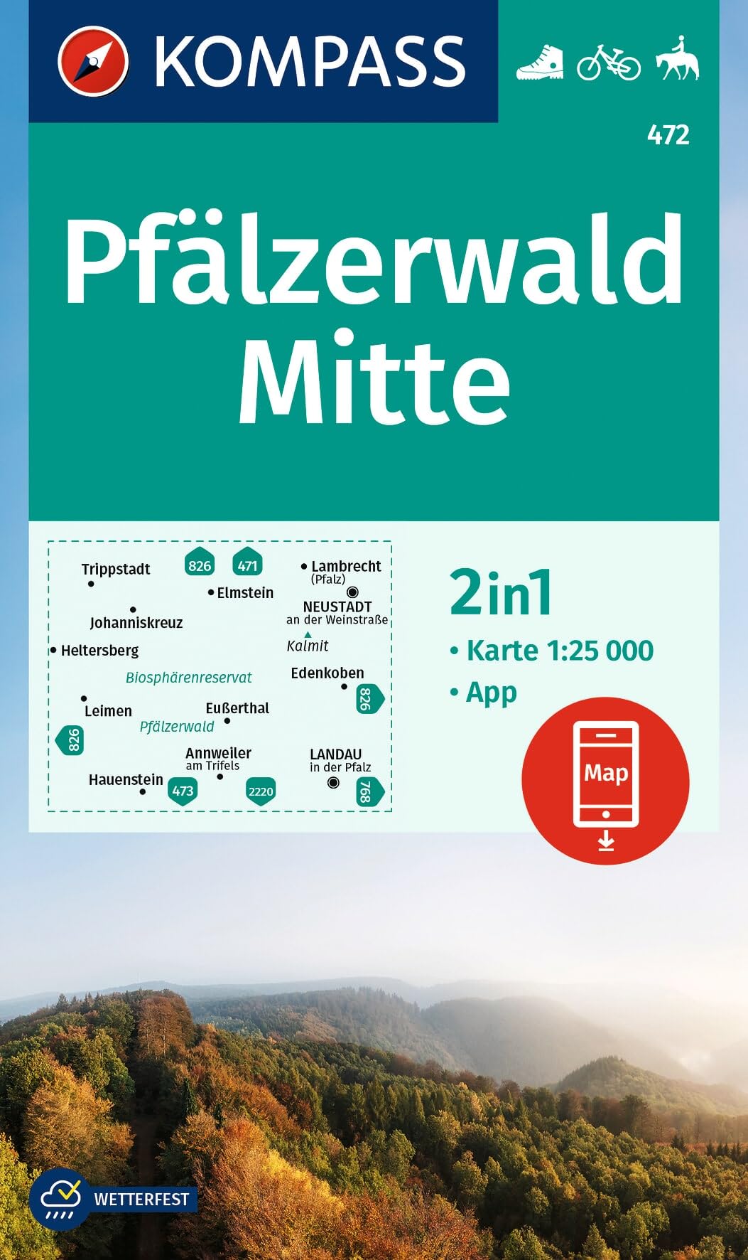 KOMPASS Wanderkarte 472 Pfälzerwald Mitte 1:25.000: 2in1 Wanderkarte inklusive Karte zur offline Verwendung in der KOMPASS-App. Fahrradfahren. Reiten.