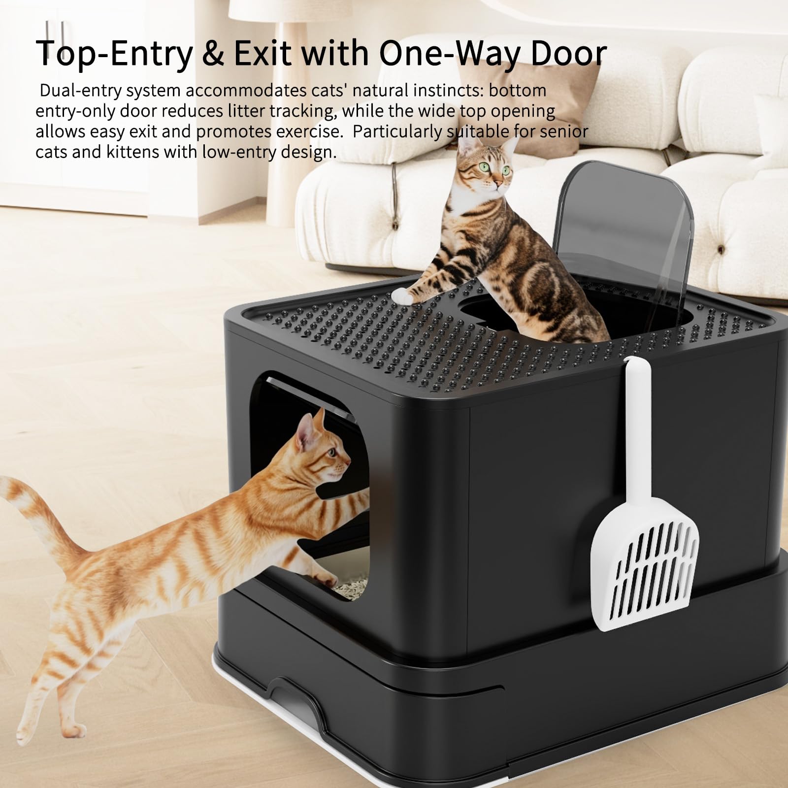 RIZZARI Stainless Steel Cat Box: Spacious Black Enclosed Top-Entry - Teflon Coated Pan Resists Sticking - Reduces Tracking & Odor - Leakproof & Easy to Clean - Fits Large Cats in Living Room Garage - image 4