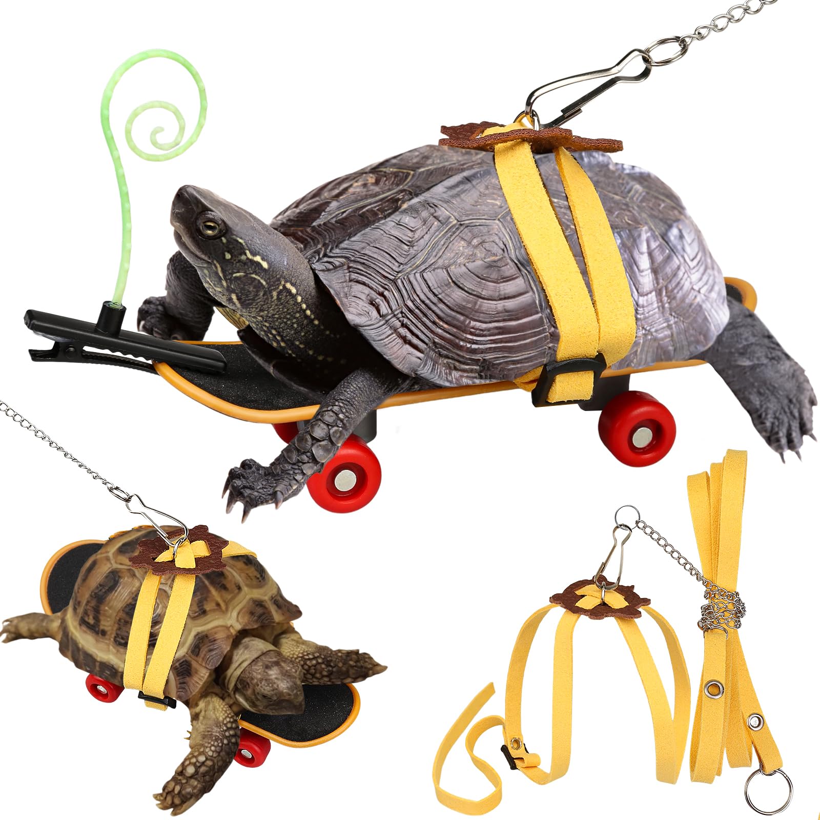Adjustable Tortoise Leash and Funny Skateboard Set with Curly Grass Decor, Harness and Training Skateboard for Turtle Bearded Dragon Pet Toys(fit for Turtles with a Back Length of 5.1-6.3'')