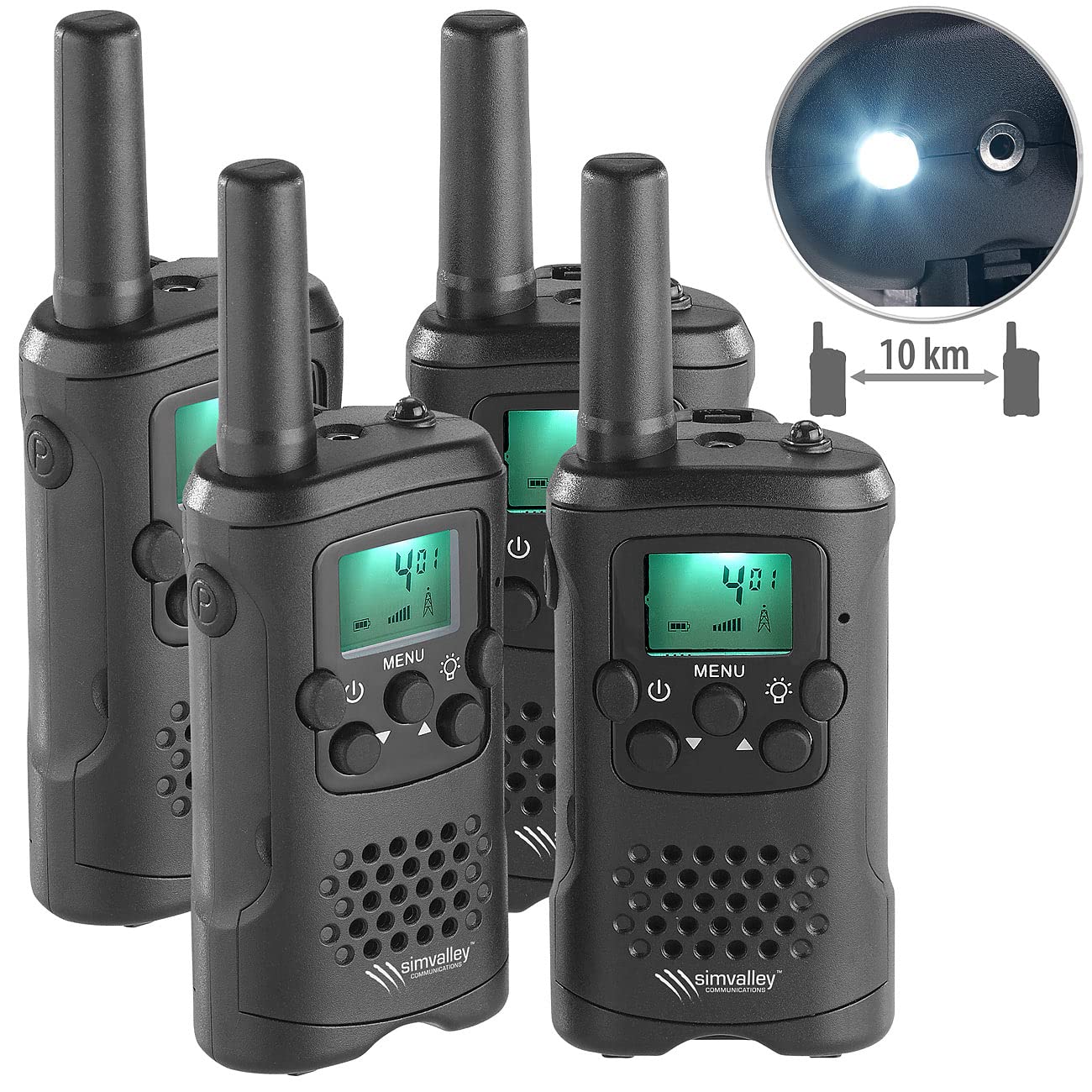 Communications Walki Talki: 4er-Set PMR-Funkgeräte mit VOX, bis 10 km Reichweite, LED-Taschenlampe (Walkie Talkie Set, Funkgerät Talkies, 2er)